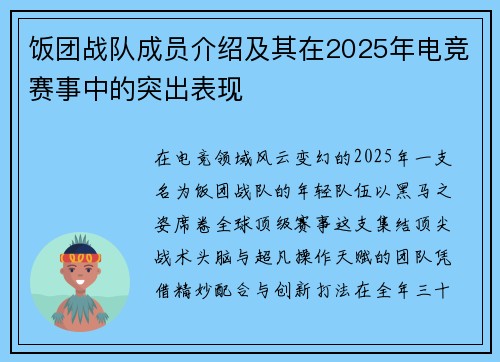 饭团战队成员介绍及其在2025年电竞赛事中的突出表现